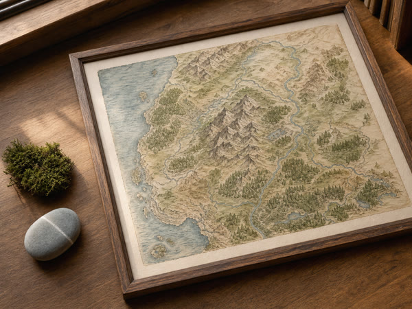 A hand-drawn territory map framed on a wood desk beside moss and a smooth river stone