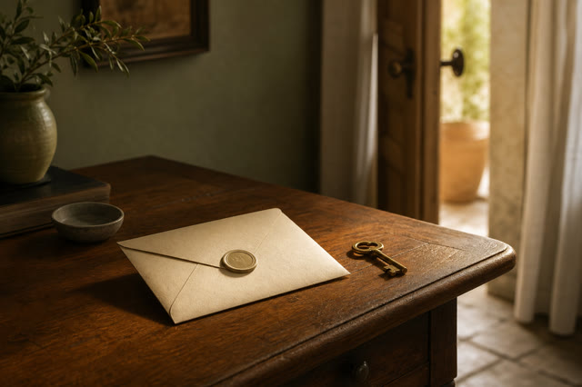 A sealed letter and brass key waiting on a wood desk beside an open, warmly lit doorway