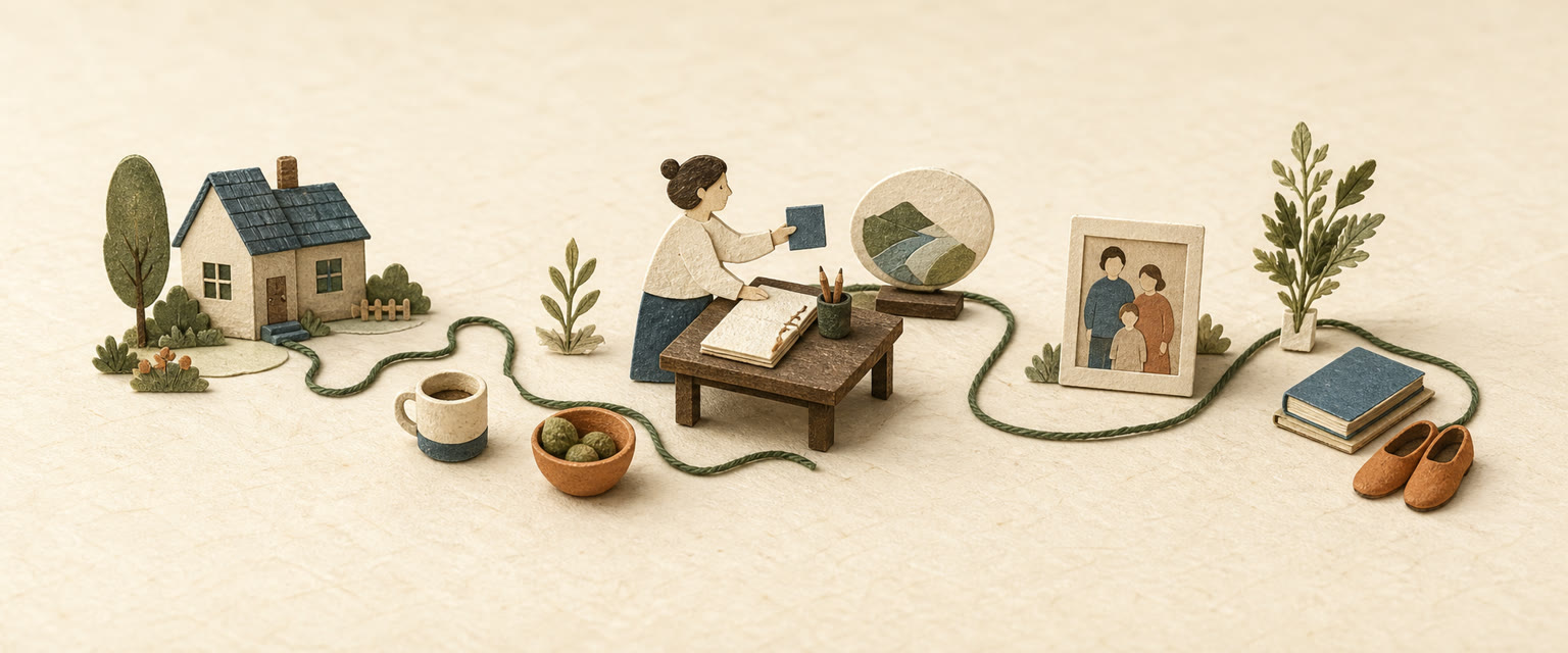 A visual map connecting home, work, relationships, and everyday life along one green thread